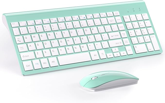 TopMate Wireless Keyboard and Mouse Ultra Slim Combo, 2.4G Silent Compact USB 2400DPI Mouse and Scissor Switch Keyboard Set with Cover, Batteries Included, for PC/Laptop/Windows/Mac - Mint Green