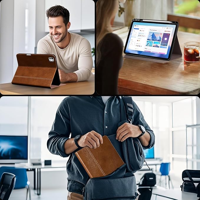 Gexmil Genuine Leather Case for iPad Pro 13 Inch (M5/M4) 2025/2024 with Pencil Holder,Protective Shockproof Smart Leather Folio Cover Adjustable Stand Auto Sleep/Wake,Yellow Brown