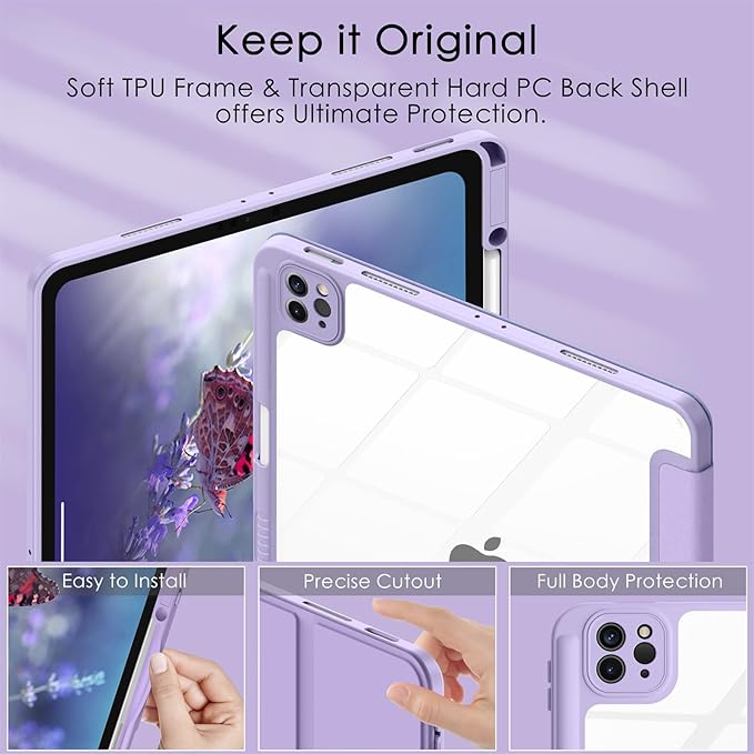 Soke Case for iPad Pro 12.9 Inch (6th/5th/4th/3rd Generation, 2022/2021/2020/2018) - Pencil Holder + Auto Sleep/Wake + Camera Protection, Transparent Shockproof Back Cover,Gray Purple