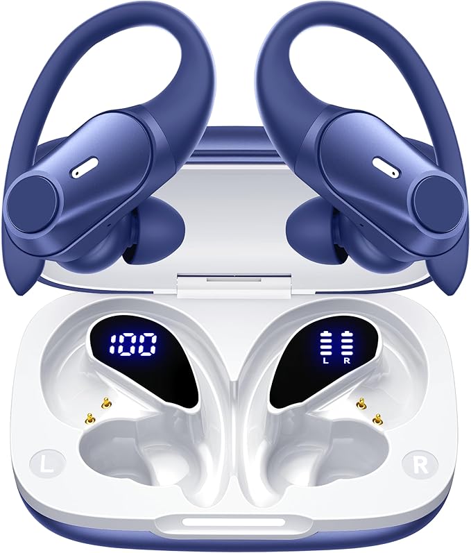 Active Noise Cancelling Wireless Earbuds Bluetooth Headphones 80H Playtime Ear Buds with Power Display Case Hi-Res Sound & Clear Calls Over Ear Hooks Earphones for Sports Running Gym Workout Blue