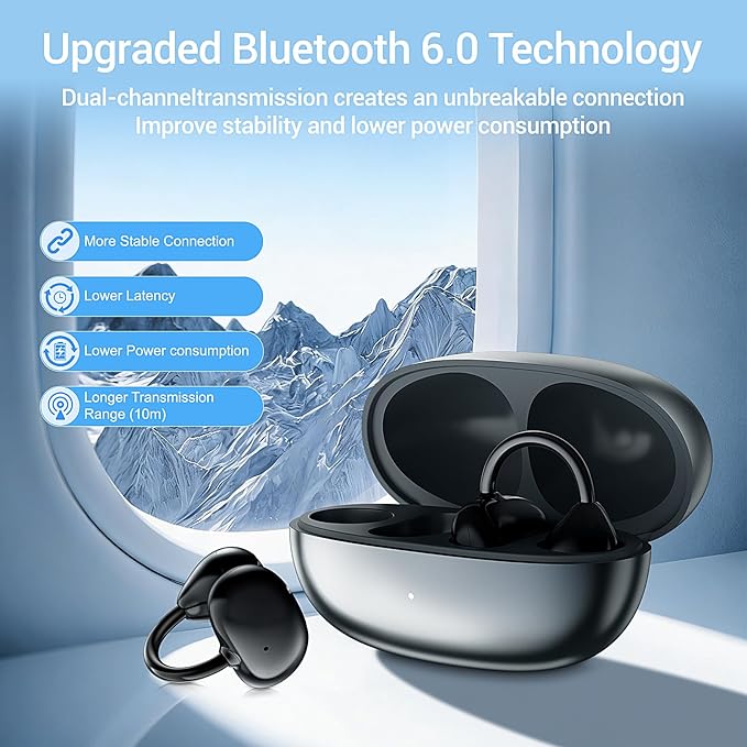 2026 Open Ear Clip on Earbuds for Running & Gym, Wireless Bluetooth 6.0 Wireless Clip On Earbuds with 80 Hours Charging Case, Sport Earphones Built-in Mic IPX5 Waterproof for Outdoor Fitness