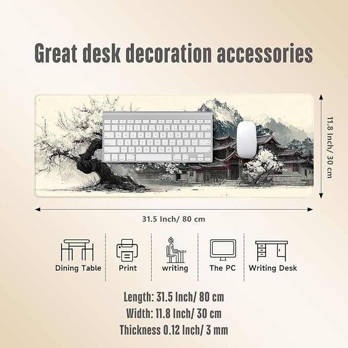 Extended Gaming Mouse Pad, Large Mouse Mat 3 mm Nature Rubber Base Mousepad with Stitched Edges, Non-Slip Desk Mat for Office Home Great Gift 31.5x11.8 Inch (Japanese Ink 4)