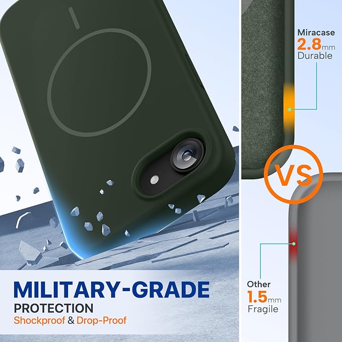 Miracase Magnetic for iPhone 17e Case & iPhone 16e Case, [Soft Anti-Scratch Microfiber Lining], Compatible with MagSafe, Silicone Shockproof Protection Phone Case for iPhone 17e/16e, Dark Green