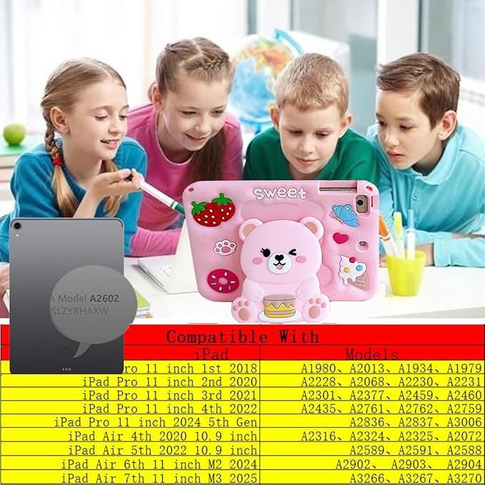 3D Cute Bear Case for iPad Pro 11 inch/Air 6th/7th 11 inch 2024/2025 M2/M3/4th/5th 10.9 inch,Kawaii Cartoon Pretty Sweet Bear Soft Silicone Case with Lanyard for Kids Teens Girls Women