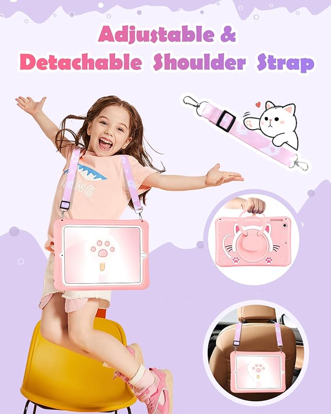 Wazzasoft Case for iPad 5th Generation 9.7 Inch, Tablet Cover for Air 1st Pro 9.7 Cute Cat 3D Cartoon Kitten with Rotating Handle Stand & Strap Silicone Funda for iPad 5th Gen