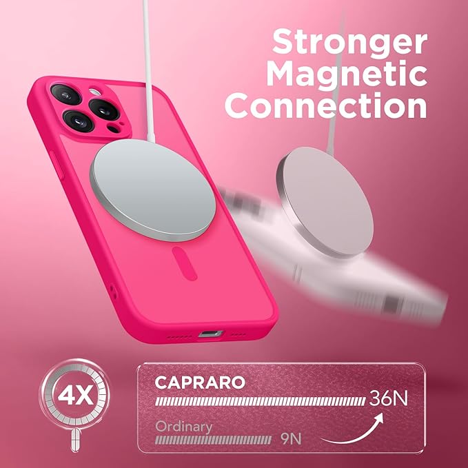 CAPRARO Magnetic for iPhone 15 Pro Max Case, [Compatible with MagSafe] [Full Camera Protection] Shockproof Protective Slim Translucent Matte Phone Case for iPhone 15 Pro Max 6.7'', Hot Pink