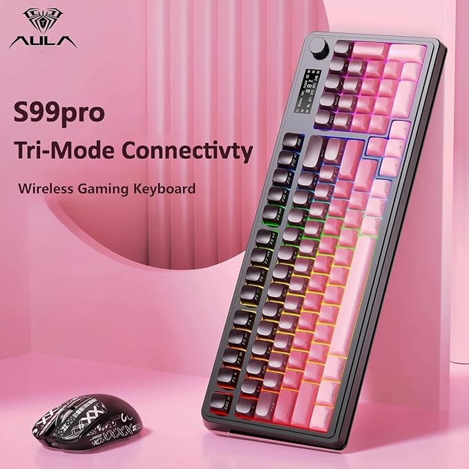AULA S99 Pro Keyboard, Wireless Keyboards with Media Knob Custom RGB Backlit, 3-Modes BT/2.4G/USB-C Membrane Gaming Creamy Keyboard for Windows/MAC/PC Gamer - Black Pink