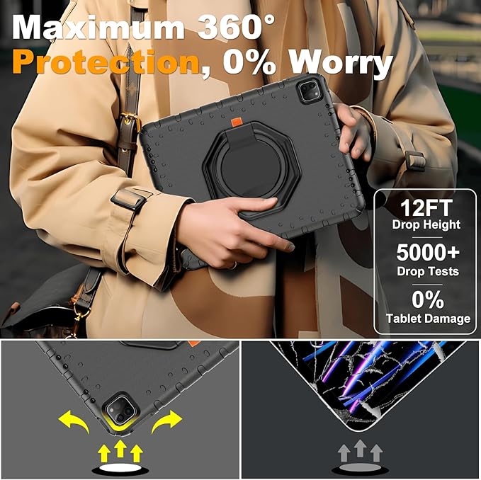 for iPad Pro 12.9 Case 6th/5th/4th/3rd Generation with 360° Rotating Stand & Pencil Holder, Heavy Duty Cute Cover for iPad Pro 12.9 inch 2022/2021/2020/2018, Black