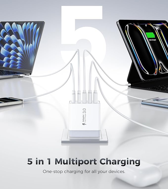 [2-Pack] 60W USB C Wall Charger,5-Port Fast USB C Charging Block 30W Type C Power Adapter,2USB C+3USB A Multiport Charging Cube USB A Wall Plug for iPhone 17/16/15 Pro Max Plus, MacBook,Samsung Galaxy