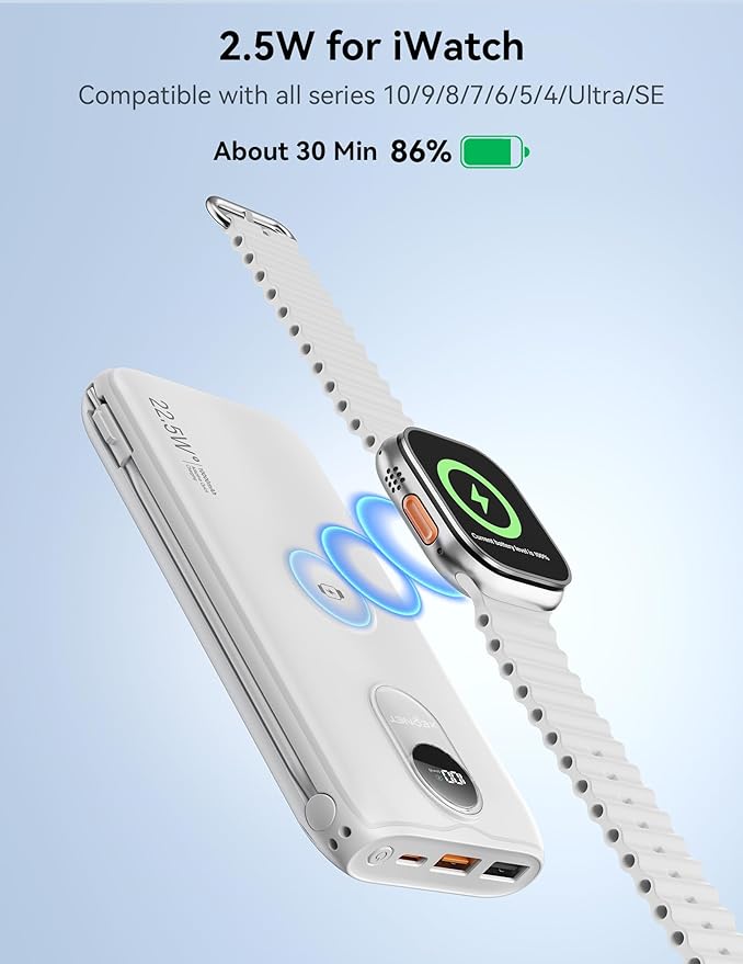 Portable Charger, 10000mAh 22.5W Power Bank Fast Charging with Wall Plug, Built-in Cables, LED Display, Compact Lightweight USB C Travel Battery Pack for iPhone 17/16, Android Cell Phone, Pad, iWatch