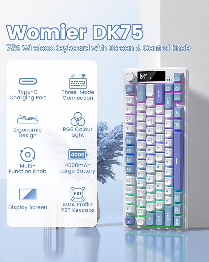 Womier DK75 75% Wireless Gaming Keyboard, RGB Backlit Creamy Keyboard with Multifunction Knob & Screen, Tri-Mode 2.4GHz/USB-C/BT5.0, Anti-Ghosting No-Conflict Silent Membrane Keyboard for MAC Windows