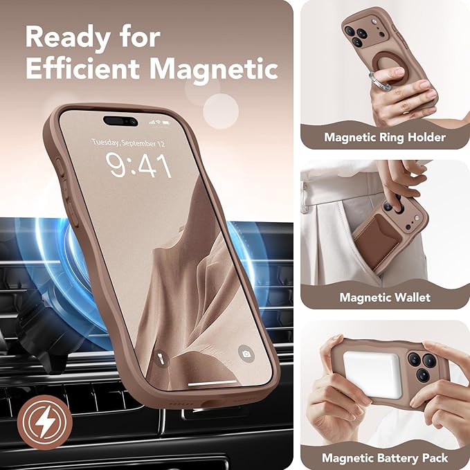 CAPRARO Magnetic for iPhone 17 Pro Max Case for Women Girls, Upgraded [Full Camera Protection] [Compatible with MagSafe] Cute Wave Translucent Matte Phone Case for iPhone 17 Pro Max, Brown