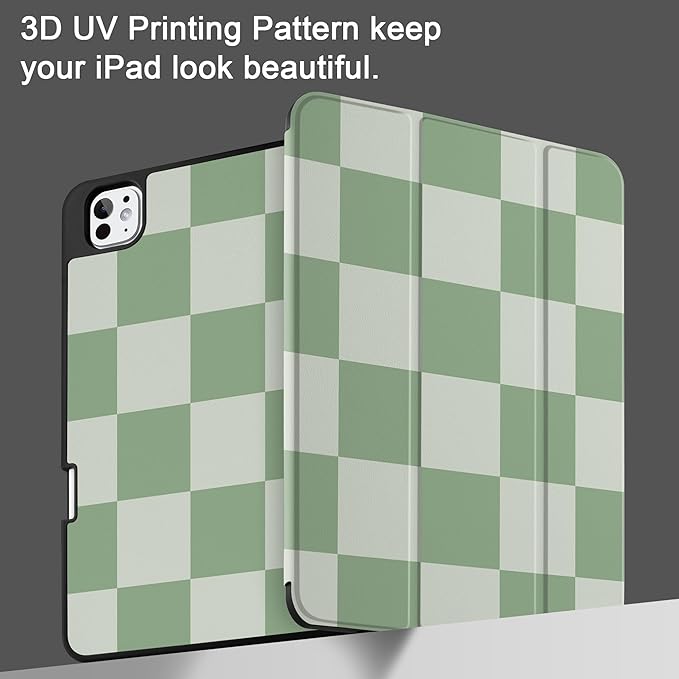 MEEgoodo Case for M5 iPad Pro 11 inch 2025/M4 iPad Pro 11 inch Case 2024, Tablet Cover with Trifold Stand & Pencil Holder & Auto Wake/Sleep & Soft TPU Back Cover, Green Checkered