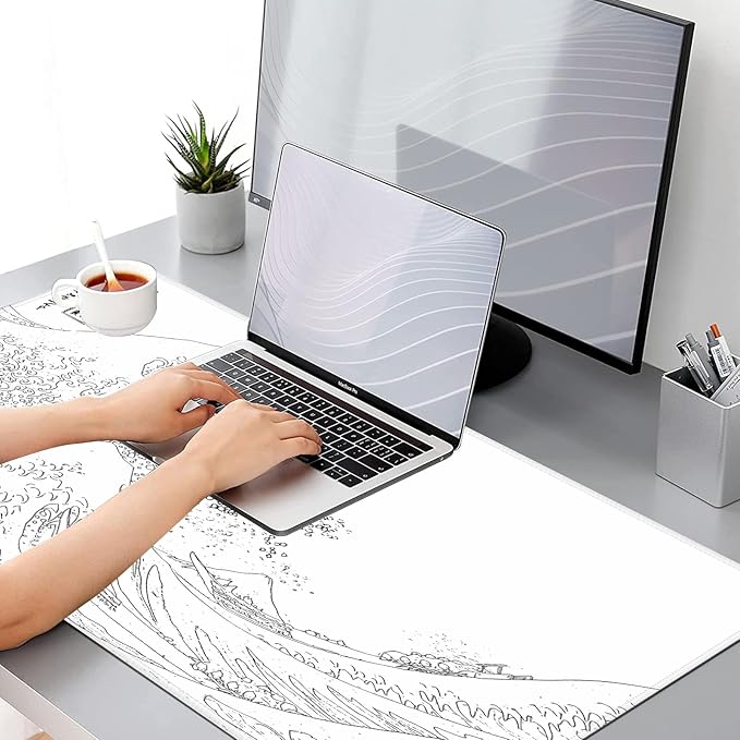 Black and White Large Mouse Pad, Japanese Sea Wave White Desk Pad for Keyboard and Mouse, 31.5" X 15.7" Computer Gaming Mouse Mat with Non-Slip Rubber Stitched Edge for Laptop Gamer