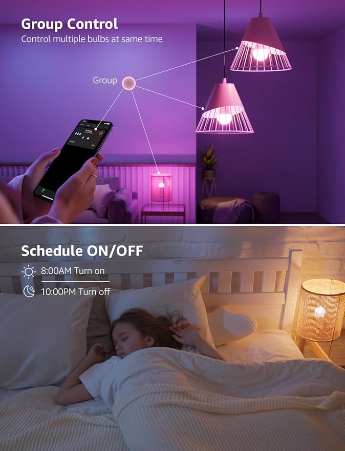 Lepro B1 AI Smart Light Bulbs - WiFi & Bluetooth RGBWW Color Changing LED Bulb Works with Alexa & Google Assistant, Personalized Al Lighting Designer, AI Voice Control, Music Sync, 2.4GHz Only, 8 Pack