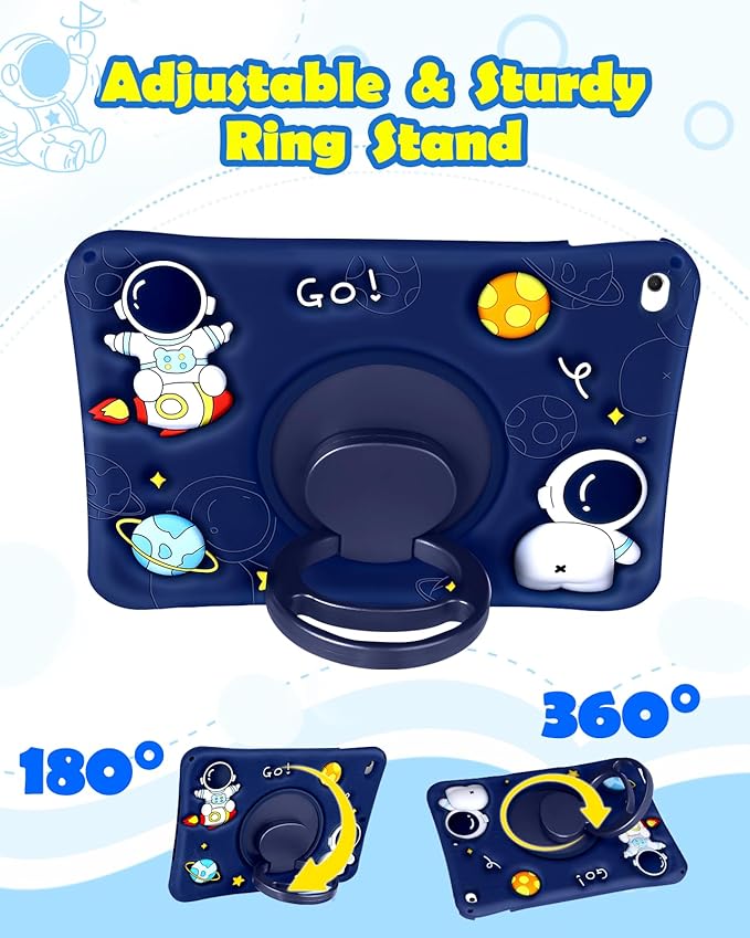 Wazzasoft for iPad mini 1/2/3 Case 7.9 Inch Girls Boys Cute Astronaut Cover Kawaii 3D Cartoon Spacemen with Rotating Handle Stand + Strap Silicone Funda for Apple iPad mini 3rd/2nd/1st Gen Cases