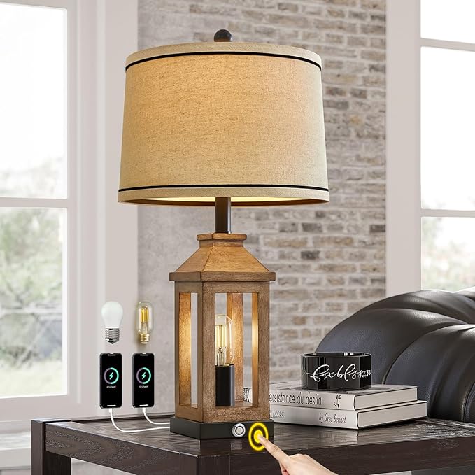 G-SAFAVA 23.75" Farmhouse Table Lamps USB A+C Charging Ports 3-Way Dimmable Touch Control Lamp Nightlight Vintage Modern Lamp for Living Room Bedroom with 2 Light Sources