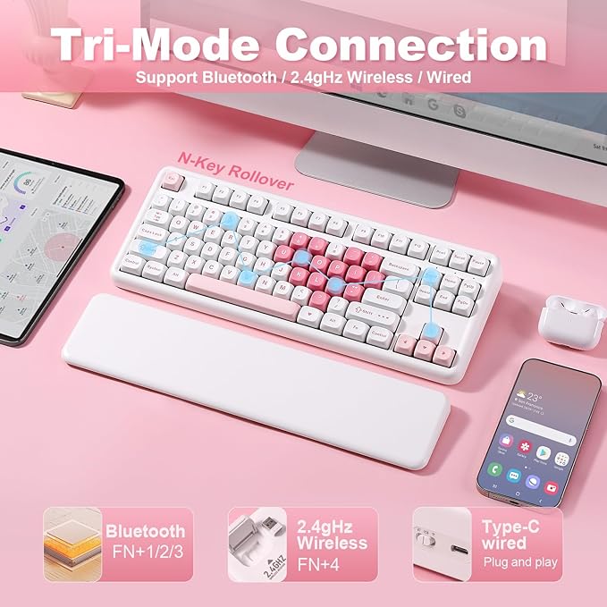 YUNZII B87 Wireless Mechanical Keyboard,QMK/VIA Programmable,TKL Layout 87 Keys,BT/2.4G/USB-C,Hot Swap Gasket Mount RGB Backlit Gaming with Wrist Rest for Win/Mac (White Heart, Milk V2)