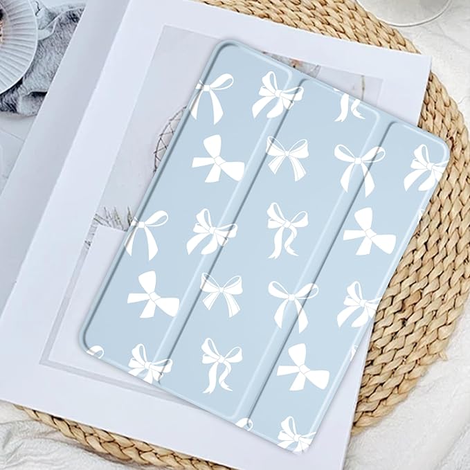JOYLAND White Bow Pattern Case for iPad (A16) 11th Gen 2025 11-inch/10th Gen 2022 10.9 inch, Clear Acrylic Hard Back Blue Case with Pencil Holder Trifold Stand Tablet Cover for Women
