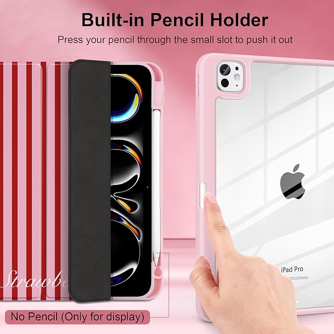 Case for iPad Pro 13 inch (M5) 2025 (M4) 2024 Release Cute Red Pink Striped Trifold Stand Cover with Clear Back Auto Wake Sleep Aesthetic Preppy Design for Girls Women, Stripe