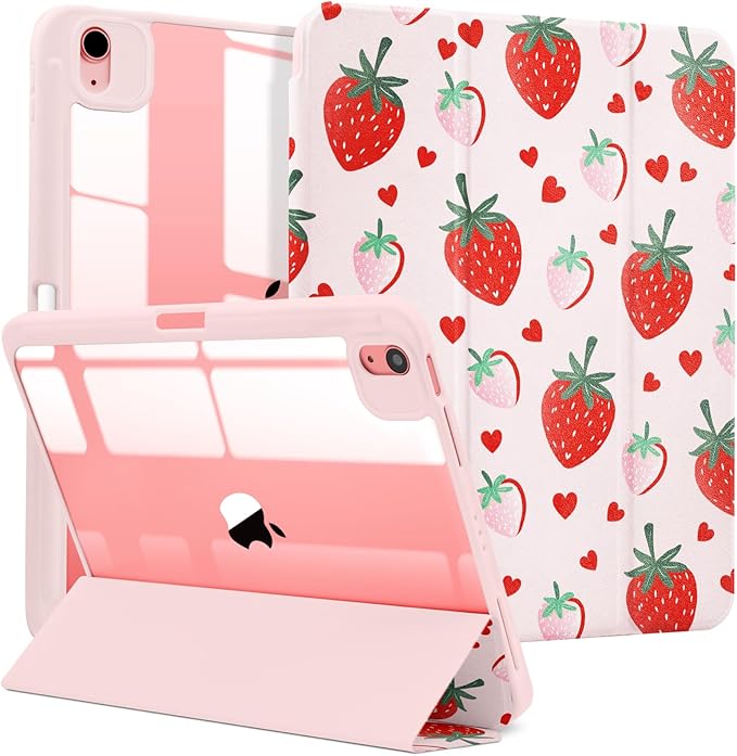 MrARTIST for iPad Air 11 Inch Case M3/M2 - Air 5th/4th Generation 10.9" Cute Women Girls Girly Kawaii Aesthetic Kawaii Design for Apple Air Tablet Cover with Pencil Holder, Strawberry