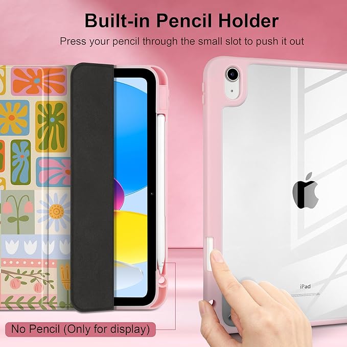 Case for iPad Air 11 inch M4 2026 M3 2025 M2 2024,iPad Air 5th (2022) / 4th (2020) 10.9 Inch Clear Back Shell Lightweight TPU Edge Trifold Stand Auto Wake Sleep Cute Cover, Flower Patchwork