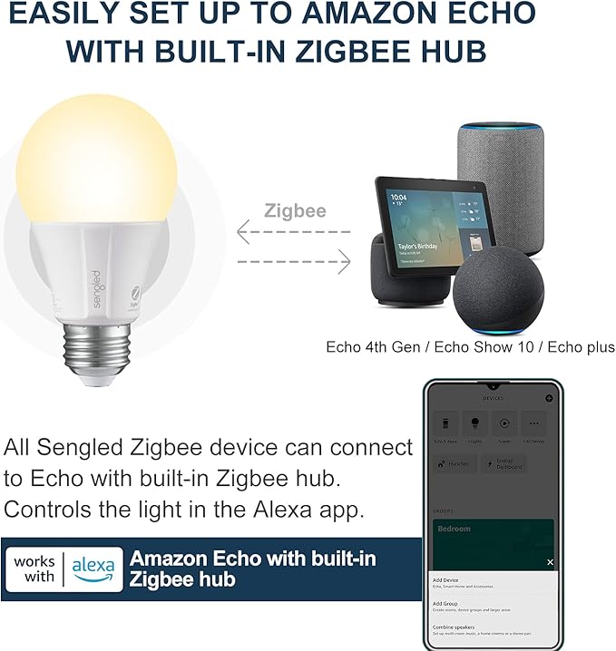 Sengled Zigbee Smart Light Bulbs, Smart Hub Required, Works with SmartThings and Echo with Built-in Hub, Voice Control with Alexa and Google Home, Soft White 60W Eqv. A19 Alexa Light Bulb, 2 Pack
