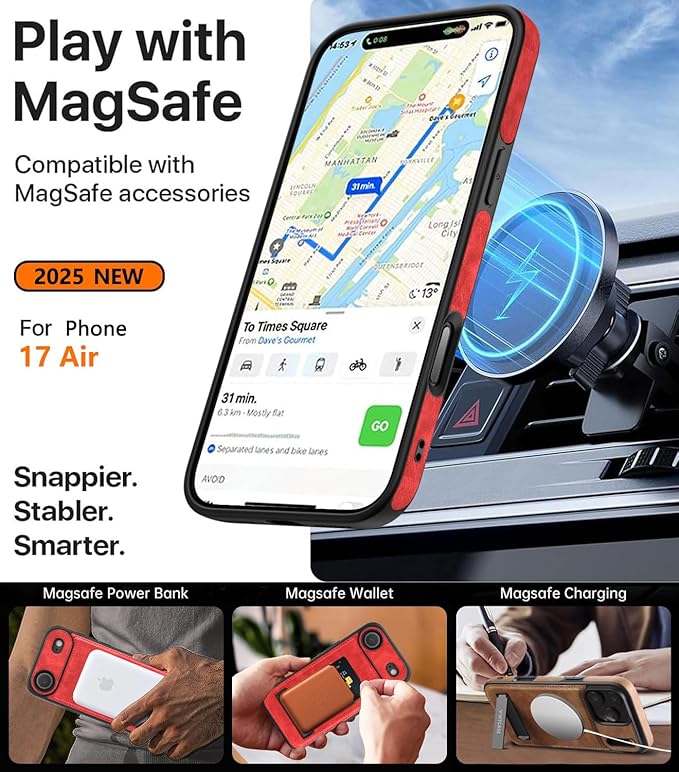 WTCASE Magnetic for iPhone Air Leather Case,Built-in Invisible Stand [Compatible with Magsafe] Protective Slim Kickstand Phone Cover for iPhone Air Case, Red