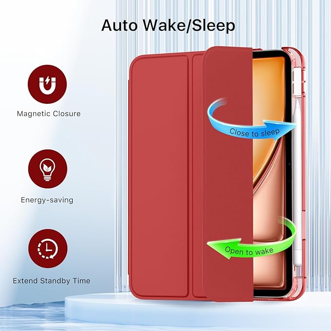 MoKo for iPad Air 11 inch Case (M4/M3/M2) 2026/2025/2024, iPad Air 5th/4th Gen 10.9 inch Case 2022/2020 with Pencil Holder, Slim Light Trifold Cover with Hard PC Translucent Back Shell, Touch ID, Red