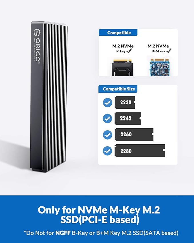 ORICO 20Gbps M.2 NVMe SSD Enclosure Adapter,USB3.2 Gen2 Type-C to NVMe PCI-E M-Key Solid State Drive Aluminum External Case for SSD Size 2230/2242/2260/2280, up to 4TB（M2PAC3-G20, Grey）