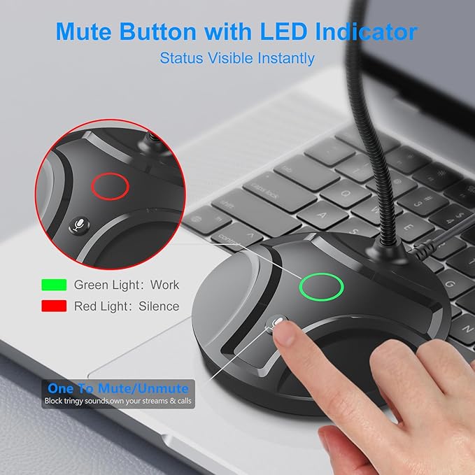 Plug & Play USB Computer Microphone, Flexible Gooseneck & Mute Button LED – Desktop Microphone for Gaming, YouTube, Streaming, Compatible with Windows/Mac (1.8m /6ft)