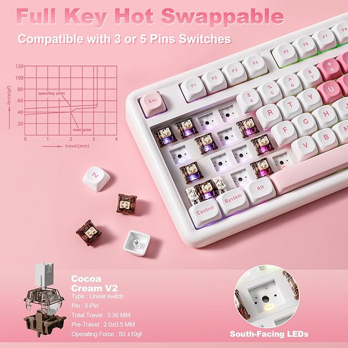 YUNZII B87 Wireless Mechanical Keyboard,QMK/VIA Programmable,TKL Layout 87 Keys,BT/2.4G/USB-C,Hot Swap Gasket Mount RGB Backlit Gaming with Wrist Rest for Win/Mac (White Heart, Cocoa Cream V2)