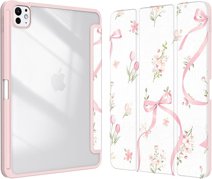 Case for iPad Pro 11-Inch M5/M4 2025/2024 (6th/5th Generation), Case with Pencil Holder, Clear Back Cover Cute Cool Design for Women Girls, Auto Sleep/Wake, Bow Tulip