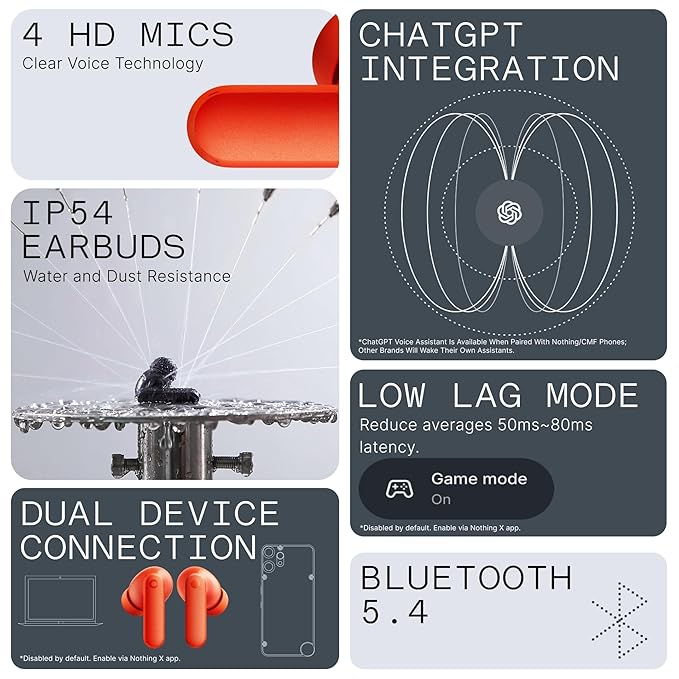 CMF Buds 2a Wireless Earbuds Active Noise Cancelling 42dB Hybrid ANC Bluetooth Headphones, 12.4mm Dynamic Driver for Big Bass, 4 Mics Clear Calls, Sport Ear Buds for iPhone, Android, Orange