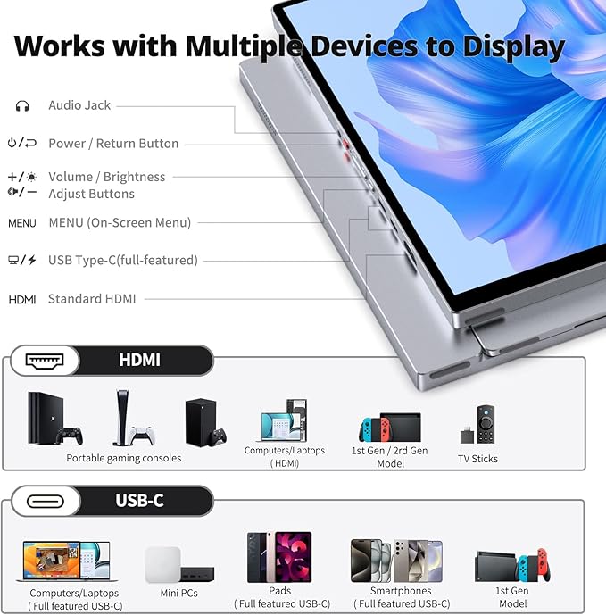 Intehill 16" 120Hz Touchscreen Portable Monitor, Portable Gaming Monitor w/Stand & Speakers, 16:10 Display with Full Laminated Tempered Glass, Touch Screen Travel Monitor for Laptop, T16PB (Silver)