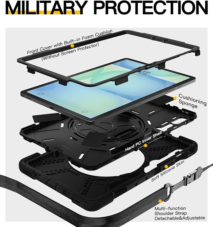BRAECN Case for Samsung Galaxy Tab S10 Lite/S10 FE/S9 FE 5G 10.9"& S9/S8/S7 11",Heavy Duty Shockproof Silicone Cover with 360 Rotating Stand &Hand Strap, Kickstand, Shoulder Strap, S Pen Holder, Black