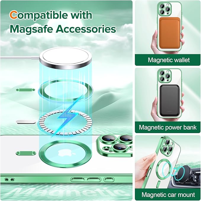 Hython Magnetic Clear for iPhone 16 Pro Case with Camera Lens Protector [Compatible with MagSafe] Luxury Plating Edge Slim Soft TPU Cover Protective Phone Case for iPhone 16 Pro 6.3", Light Green