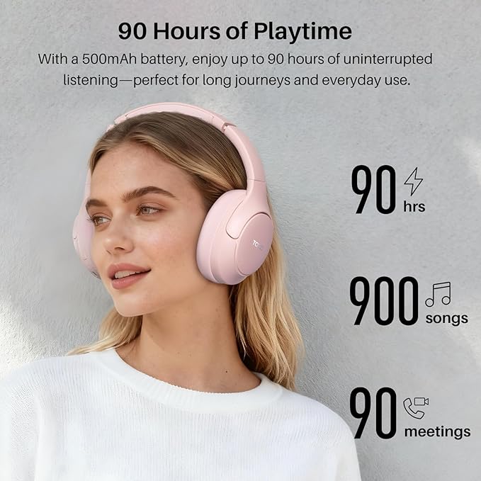 TOZO HT3 Hybrid Noise Cancelling Headphones, 90H Battery Life Wireless Over Ear Bluetooth 6.0 Foldable Headset, AI Voice Assistant with 5 Mics, Connect 2 Devices and Hi-Res Sound, 32 EQ Audio Presets