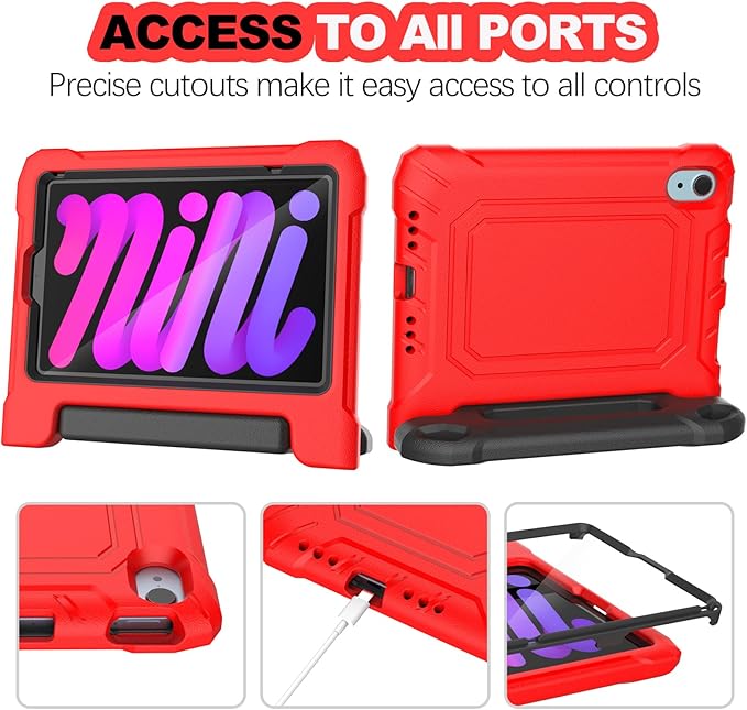 YIHE Kids Case for 8.3 inch iPad mini 7 (A17 Pro) 2024 & iPad mini 6 (A15) 2021, Shockproof Cases for iPad mini 7th/6th Generation with Built-in Screen Protector & Handle Stand, Red&Black