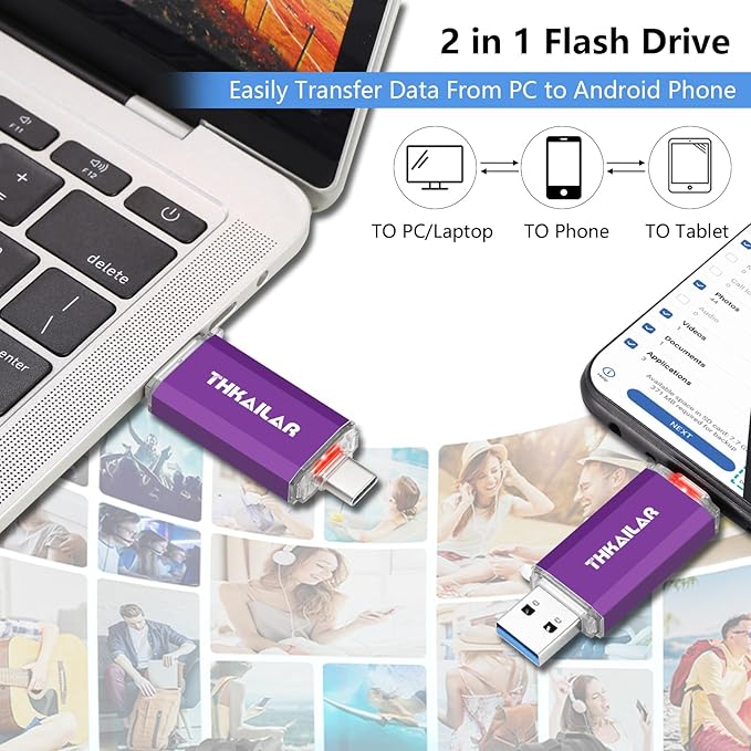 Thkailar 128GB USB C Drive, 120MB/s Fast USB 3.0 Thumb Drive for iPhone 15, MacBook, Android & PC, Dual Connector Type-C Flash Drive