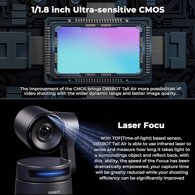 OBSBOT Tail AIR,with Tripod,NDI PTZ Camera, 4K AI-Powered Webcam,1.8" CMOS,f/1.8 Aperture,AI Auto Track,Gesture & Remote Controls,TOF Sensor,Wired&Wireless Connection,LiveStream for Church/Music Live