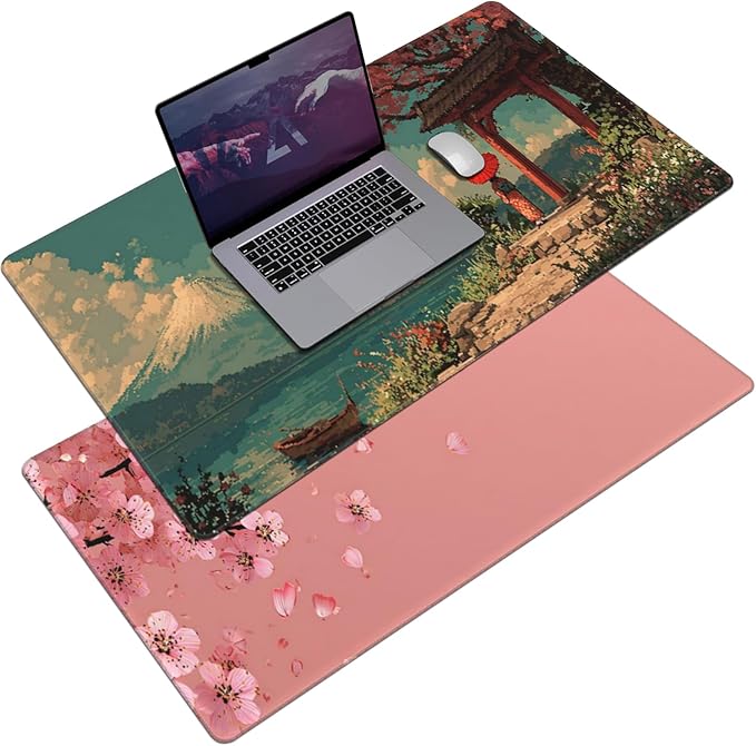 AQQA Pink Japanese Desk Mat with Stitched Edges,31.5" x 15.7" Large Dual-Sided Cherry Blossom Mousepad for Women,Mouse Pad Protector with Waterproof for Laptop Office Accessories