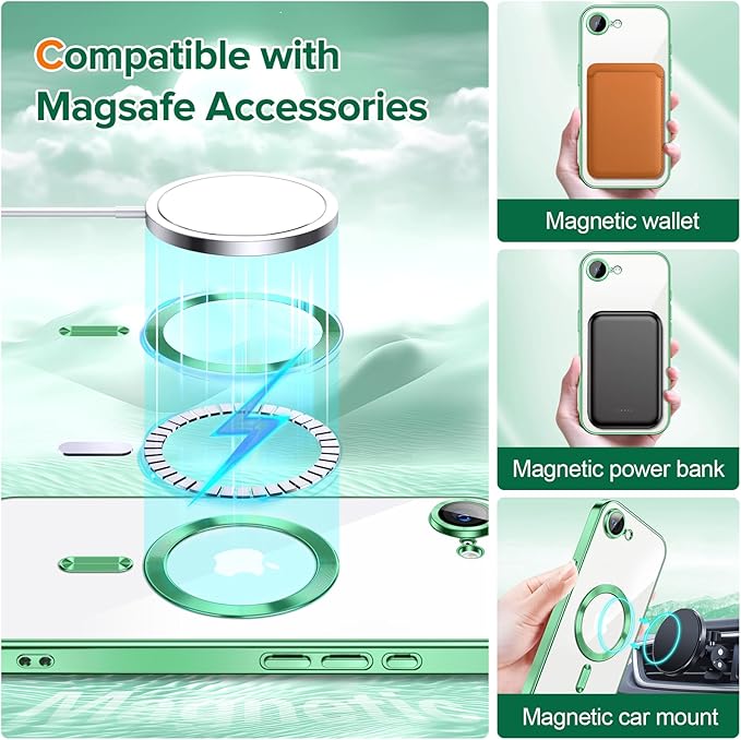 Hython Magnetic Clear for iPhone 17e Case with Camera Lens Protector [Compatible with MagSafe] Luxury Plating Edge Slim Soft TPU Cover Protective Phone Case for iPhone 17e 6.1", Light Green
