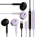 2 Packs USB C Headphones，Type C for iPhone Wired Headphones for iPhone 16/15/17 Earbuds with Mic and Volume Control，Hi-Fi Stereo In Ear Earphones for Galaxy S24/S23~S20/Ultra Note 10/20，Purple+Black