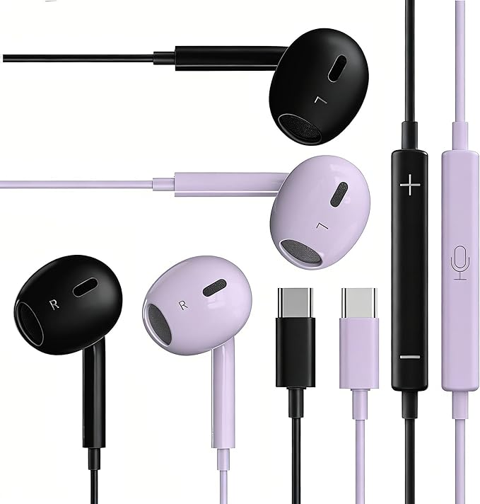 2 Packs USB C Headphones，Type C for iPhone Wired Headphones for iPhone 16/15/17 Earbuds with Mic and Volume Control，Hi-Fi Stereo In Ear Earphones for Galaxy S24/S23~S20/Ultra Note 10/20，Purple+Black
