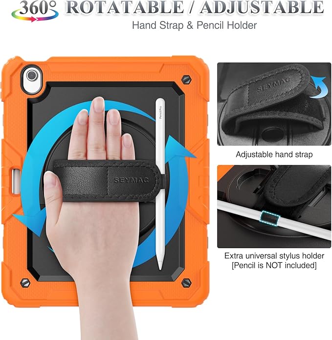 SEYMAC stock Case for iPad Air 13-inch M4-M2 2026-2024 (Gen 8-6), Shockproof Heavy Duty Case with Screen Protector, Pencil Holder, Rotating Stand, Hand Strap, Shoulder Strap, Orange