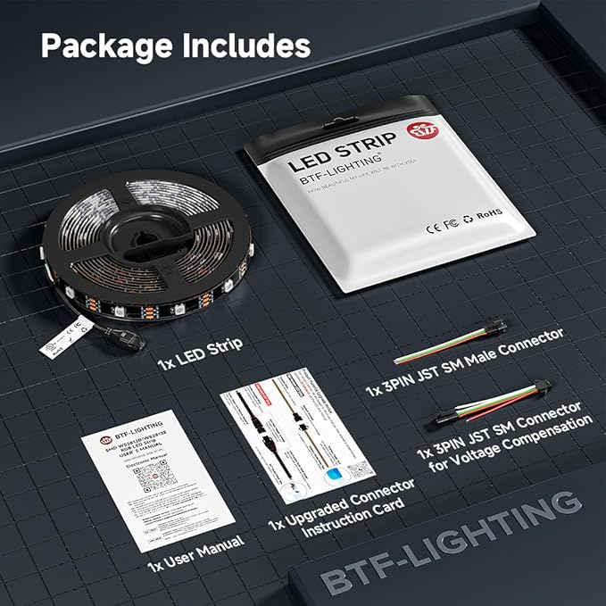 BTF-LIGHTING WS2812B IC RGB LED Strip,UL Listed,Pure Gold Wires,DC5V 16.4FT 150LED 5050SMD,Individually Addressable,Flexible for DIY Chasing Full Color Project,3M Tape,IP65(No Adapter or Controller)