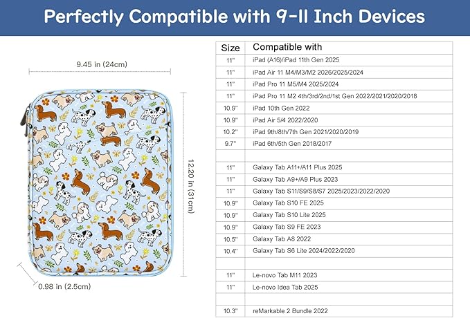 Dadanism 9-11" Tablet Sleeve Bag Carrying Case for iPad (A16) 11th Gen 11", iPad 10th Gen 10.9" Air 5/4, iPad Air M4/Pro 11", iPad 9/8/7th, Galaxy Tab A11+ Plus 11", Remarkable 2 10.3", Blue+Dog