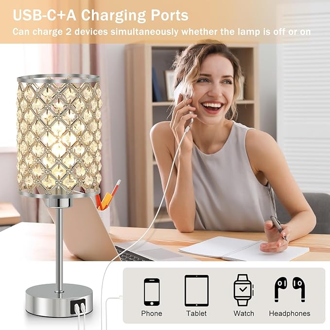 GyroVu Set of 2 Silver Crystal Touch Table Lamps for Bedroom, Dimmable Modern Bedside Lamps with USB-C & USB-A Ports, Nightstand Desk Lamps for Living Room & Home Office - Bulbs Included
