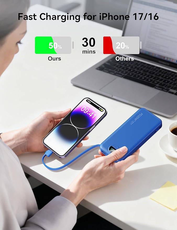 10000mAh Ultra-Portable-Charger-Power-Bank with Built in Cables&AC Wall Plug, PD20W USB-C Fast Charging Cell Phone Charger Battery Pack,LED Display Travel Battery Bank for All iPhone,Samsung,Android